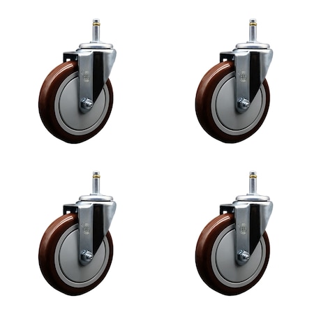 Service Caster 5'' Maroon Polyurethane Wheel Swivel 7/16'' Grip Ring Stem Caster Set, 4PK SCC-GR20S514-PPUB-MRN-716138-4